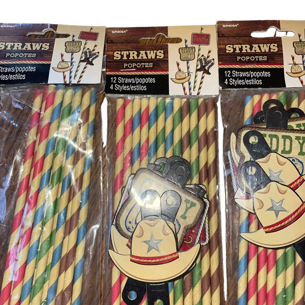 PAPER STRAWS COWBOY THEME 3 PACKS OF 12 Novelty Straws Vintage Look 36 Total